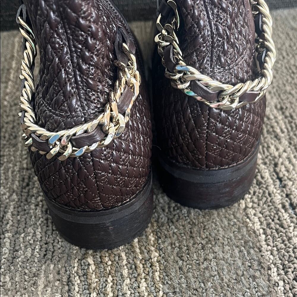 Cole Haan Idina Brown Stretch Leather Riding Boots with Chain Detail - Picture 5 of 11